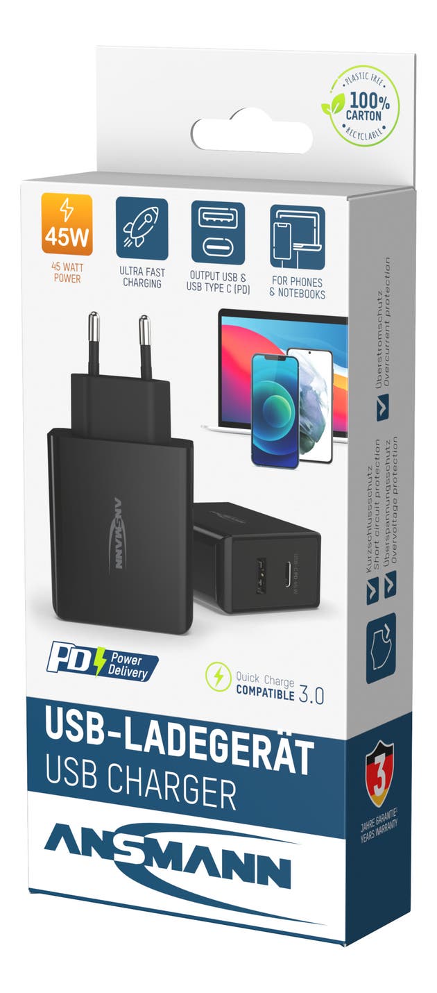 USB-PD-laddare 245PD Intelligent USB-PD charger 45 W - Ansmann | Bellalite USB-PD-laddare 245PD Intelligent USB-PD charger 45 W - Ansmann | Bellalite