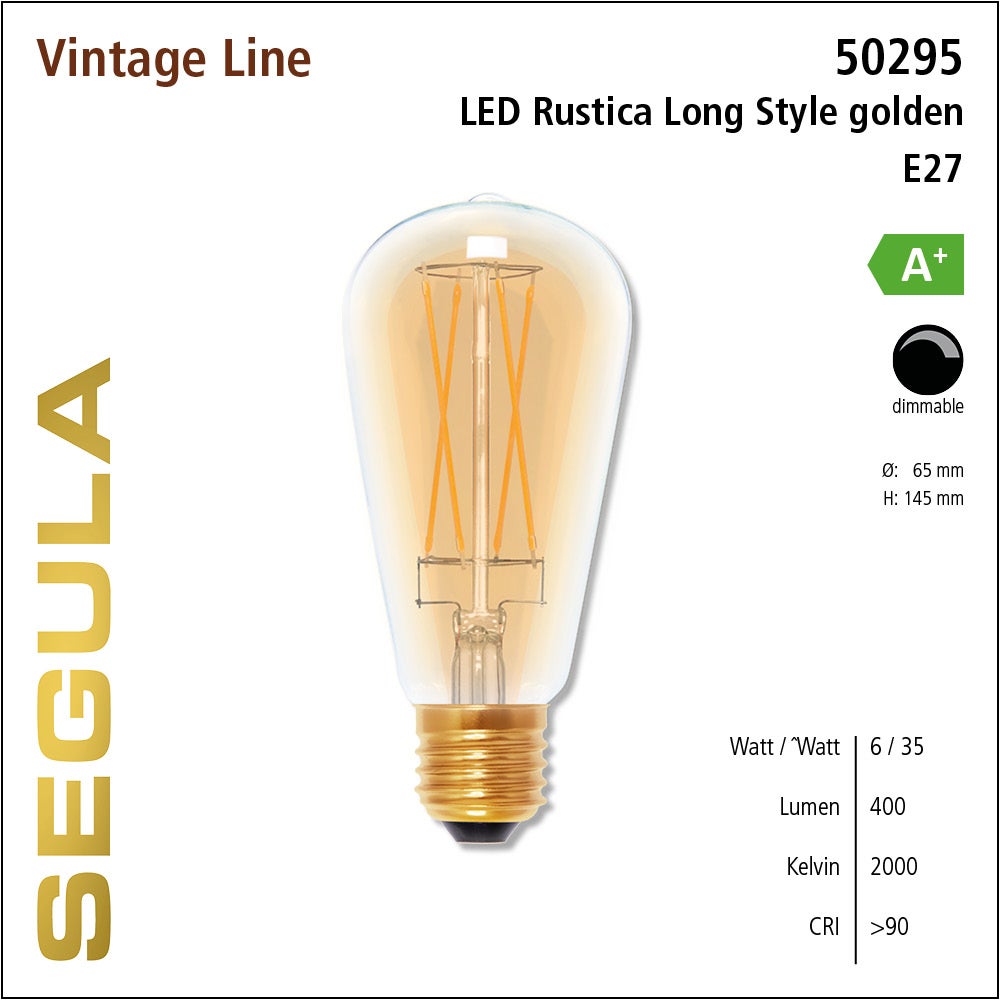 LED E27 Vintage Rustica Long Style Guld, 6W, 2000K - Segula | Bellalite
