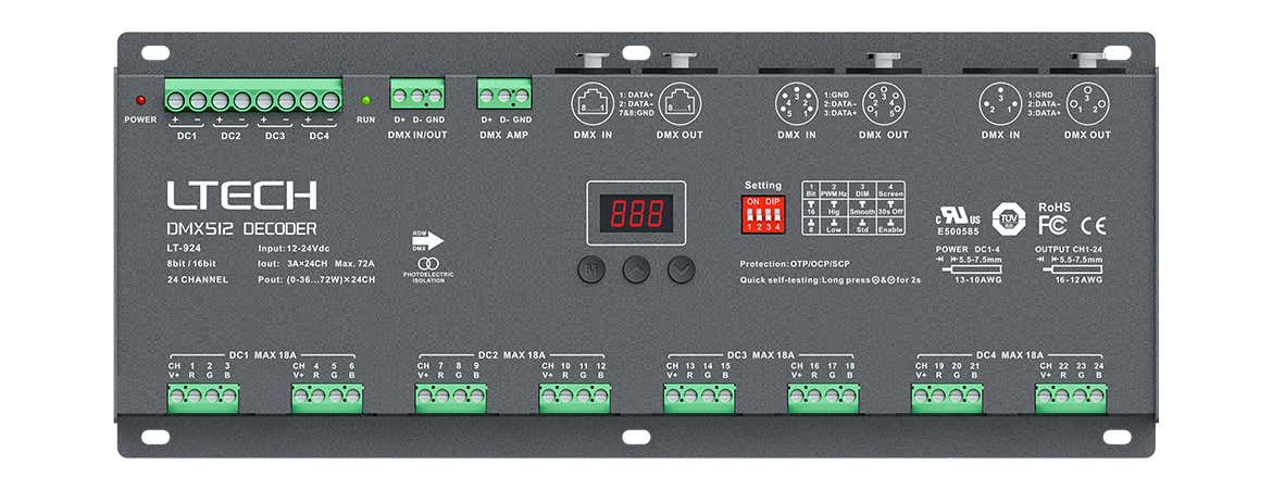 24CH DMX CV LED Dimmer 12-24V DC 24CH x 3A, max 1728W, RDM, 16bit/8bit dim - LTECH | Bellalite 24CH DMX CV LED Dimmer 12-24V DC 24CH x 3A, max 1728W, RDM, 16bit/8bit dim - LTECH | Bellalite