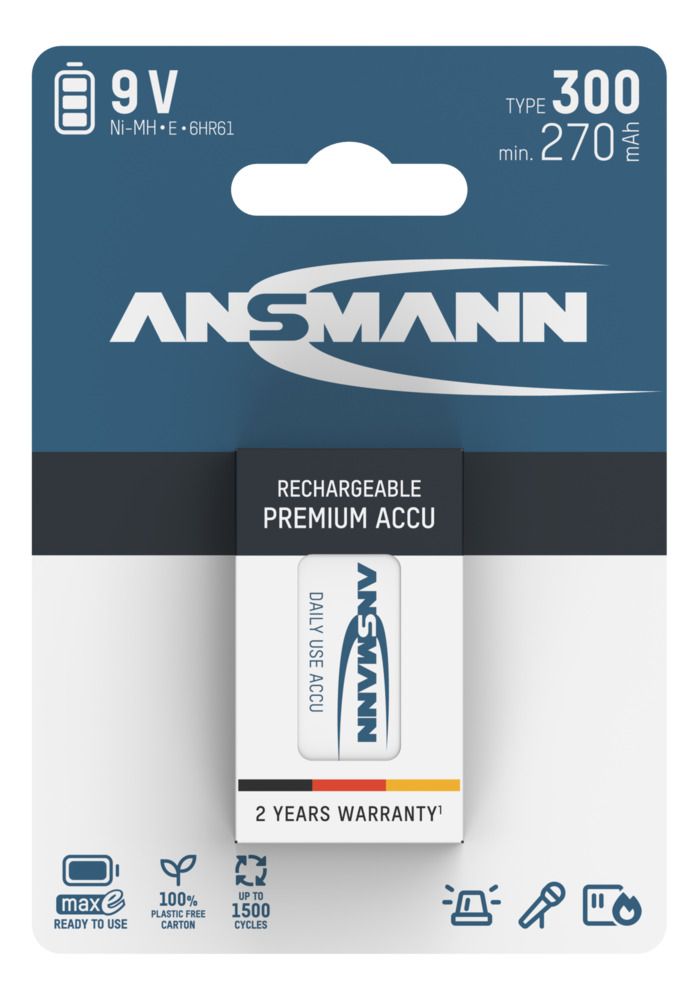 NiMH Rechargeable battery 9V 270mAh maxE 1-pack - Ansmann | Bellalite