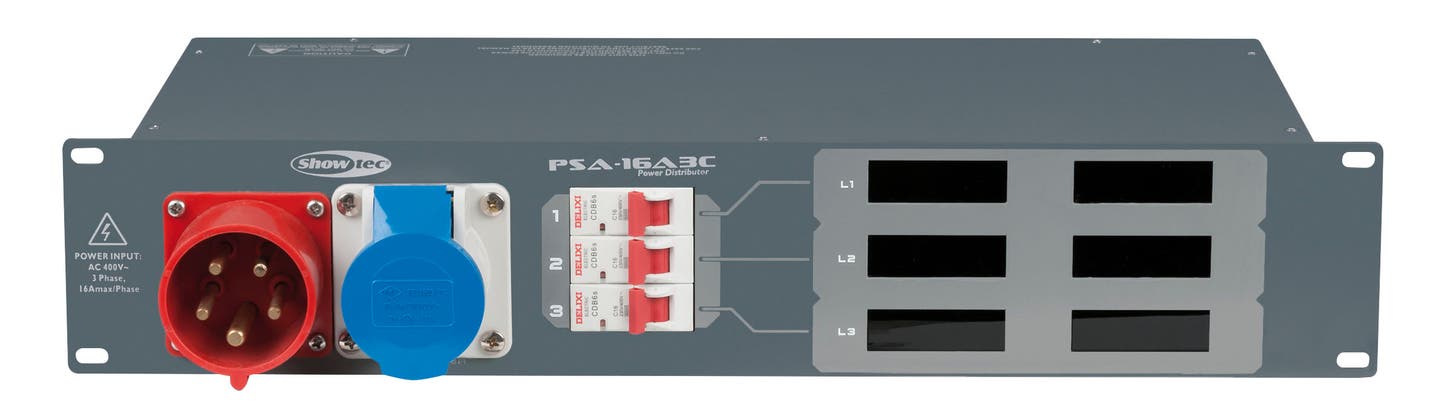 Elcentral, Power Distribution PSA-16A3C 16A CEE 5P In / 16A CEE 3P Out + 3x MCB - Showgear | Bellalite Elcentral, Power Distribution PSA-16A3C 16A CEE 5P In / 16A CEE 3P Out + 3x MCB - Showgear | Bellalite