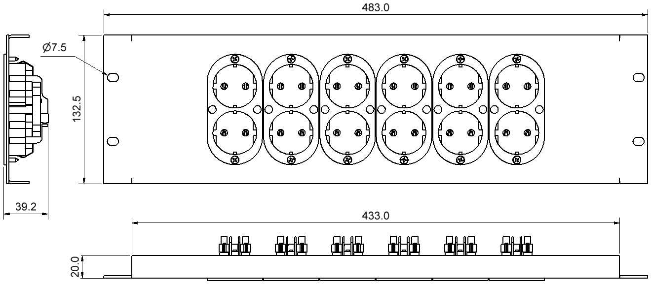 Uttagspanel 19" 6x Schuko Dubbeluttag 3HE - HEXI | Bellalite